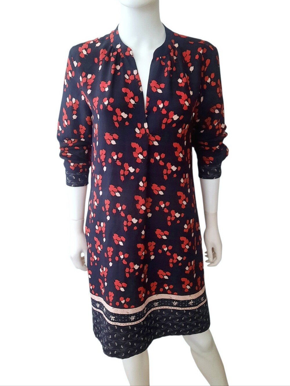 LOFT Floral Print Long Sleeve Shift Dress Banded Collar Pockets Sz S Navy/Red